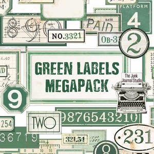 Megapack digital de etiquetas verdes, números desgastados, etiquetas para diario, adornos para diario basura, números digitales, descarga de etiquetas verdes, etiquetas verdes