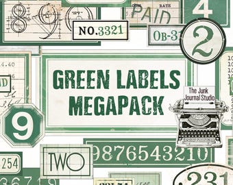 Green Labels Megapack Digital, Distressed Numbers, Labels Journal, Junk Journal Embellishments, Number Digital, Green Label Download, Green