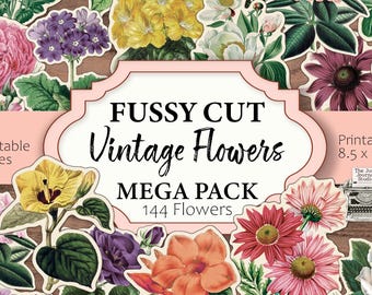 Vintage Flower Fussy Cuts Printable – 144 Floral Ephemera Pieces, 18 Pages, Junk Journal Flowers, Botanical Scrapbooking, Printable Flowers