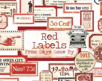 Rode vintage etiketten digitaal, noodlijdende nummers, rode etiketten, ephemera, junk journal versieringen, nummer digitaal, versiering downloaden