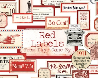 Red Vintage Labels Digital, Distressed Numbers, Red Labels, Ephemera, Junk Journal Embellishments, Number Digital, Embellishment download