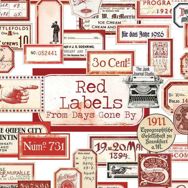 Red Vintage Labels Digital, Distressed Numbers, Red Labels, Ephemera, Junk Journal Embellishments, Number Digital, Embellishment download