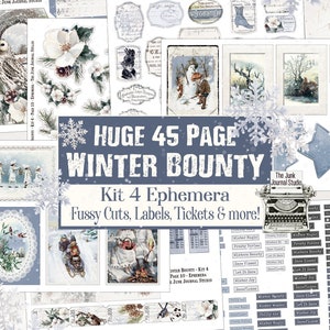 Op de afbeelding: Een digitale scrapbookingkit met 45 pagina's winterse ephemera. De kit bevat fussy cuts, labels, tickets en meer. De kit heeft de titel "Winter Bounty Kit 4 Ephemera".