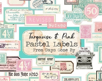 Pastel Turquoise & Pink 28 Page Vintage Labels Digital, Distressed Numbers, Pastel Labels, Blue Green Ephemera, Journal, Numbers Digital kit