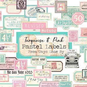 Pastel Turquoise & Pink 28 Page Vintage Labels Digital, Distressed Numbers, Pastel Labels, Blue Green Ephemera, Journal, Numbers Digital kit