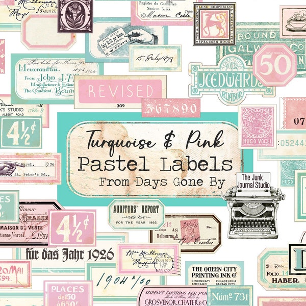 Pastel Turquoise & Pink 28 Page Vintage Labels Digital, Distressed Numbers, Pastel Labels, Blue Green Ephemera, Journal, Numbers Digital kit