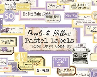 Pastel Purple & Yellow 28 Page Vintage Labels Digital, Distressed Numbers, Pastel Labels, Purple Yellow Ephemera, Numbers Digital kit