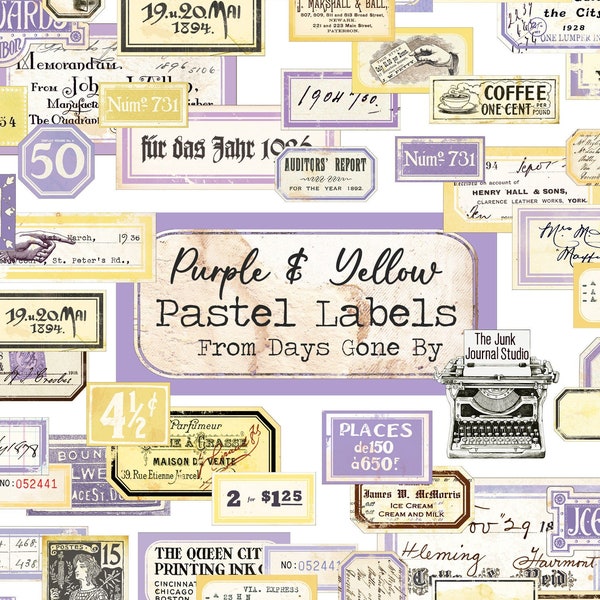 Pastel Purple & Yellow 28 Page Vintage Labels Digital, Distressed Numbers, Pastel Labels, Purple Yellow Ephemera, Numbers Digital kit