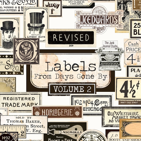 Vintage Labels Volume 2 Digital, Distressed Numbers, Labels, Ephemera, Junk Journal Embellishments, Numbers Digital, Embellishment download