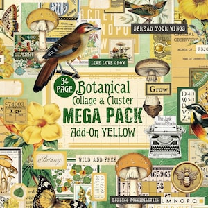 May include: A digital collage sheet with a botanical theme. The sheet features images of mushrooms, birds, butterflies, flowers, and other nature-inspired elements. The sheet is titled "Botanical Collage & Cluster Mega Pack Add-On Yellow".