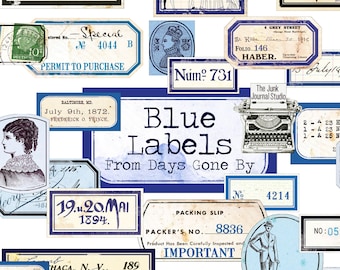 Blue Vintage Labels Digital, Distressed Numbers, Blue Labels, Ephemera, Junk Journal Embellishments, Numbers Digital, Embellishment download