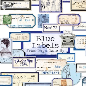 Blue Vintage Labels Digital, Distressed Numbers, Blue Labels, Ephemera, Junk Journal Embellishments, Numbers Digital, Embellishment download