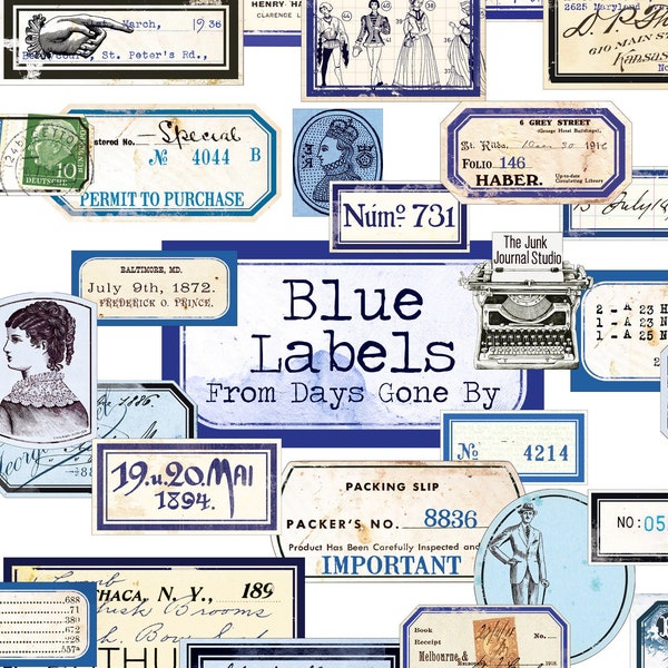 Blue Vintage Labels Digital, Distressed Numbers, Blue Labels, Ephemera, Junk Journal Embellishments, Numbers Digital, Embellishment download