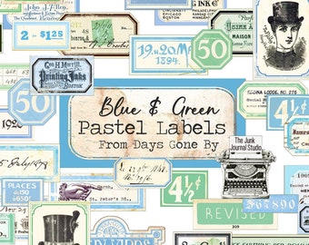 Pastelblauw & groen 28 pagina's vintage labels digitaal, noodlijdende nummers, pastellabels, blauwgroene ephemera, dagboek, cijfers digitale kit