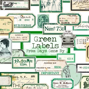 Green Vintage Labels Digital, Distressed Numbers, Blue Labels, Ephemera, Junk Journal Embellishments, Number Digital, Embellishment download