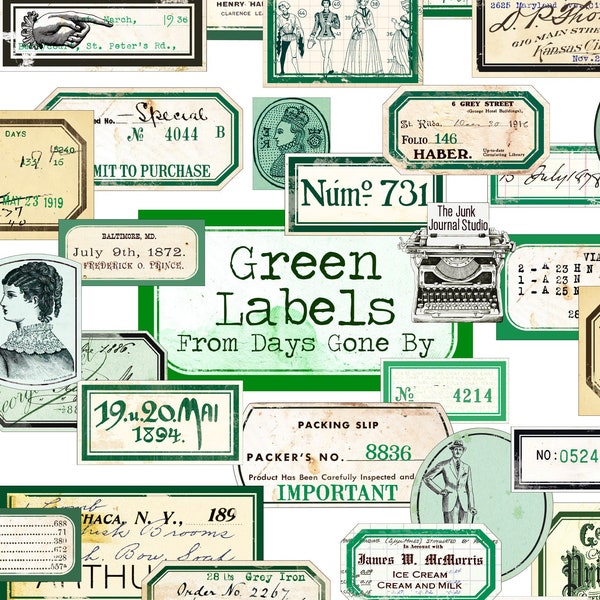 Green Vintage Labels Digital, Distressed Numbers, Blue Labels, Ephemera, Junk Journal Embellishments, Number Digital, Embellishment download