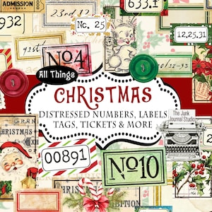 Weihnachten beunruhigt Zahlen, Etiketten, Tickets, Tags, Ephemera, Junk Journal Verzierungen, Numbers Digital, Verschönerung Download
