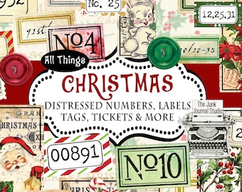 Numeri di Natale in difficoltà, etichette, biglietti, cartellini, effimeri, abbellimenti per diari spazzatura, numeri digitali, download di abbellimenti