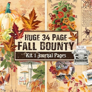 Peut inclure: Un kit de collage numérique avec 34 pages d'images sur le thème de l'automne. Le kit comprend des images de citrouilles, de feuilles, de champignons, d'un renard, d'un cerf, d'une machine à écrire et d'une page de journal vintage. Le texte "HUGE 34 PAGE FALL BOUNTY Kit 1 Journal Pages" est affiché sur le collage.