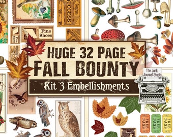 Huge Fall Bounty Embellishment Kit 3, Autumn Junk Journal Digital, Autumn Fussy Cuts Kit, Fall Ephemera Digital, Mushroom Digital kit