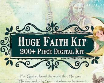 HUGE 200 piece Faith Digital Kit, Printable Download, Ephemera, Christian Collage, Faith Junk Journal Kit, Christian Digital Download,