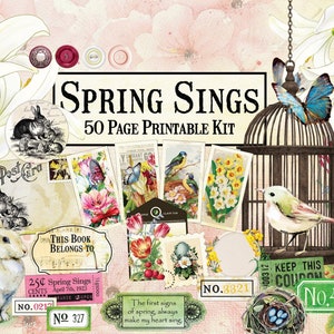 50 Page Spring Sings Digital Kit, Spring Junk Journal Kit, Spring Scrapbook Digital, Spring Digital Kit, Spring Word Labels, Spring Ephemera image 1