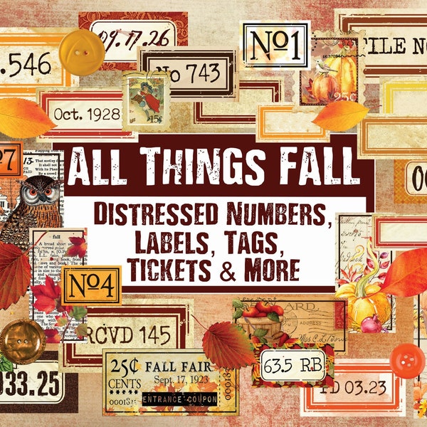 FALL Distressed Numbers, Labels, Tickets, Tags, Flashcards, Ephemera, Junk Journal Embellishments, Numbers Digital, Embellishment download