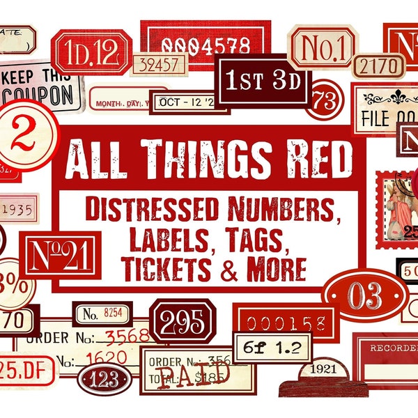 RODE Distressed Numbers, Labels, Tickets, Tags, Flashcards, Ephemera, Junk Journal Embellishments, Numbers Digital, Embellishment download