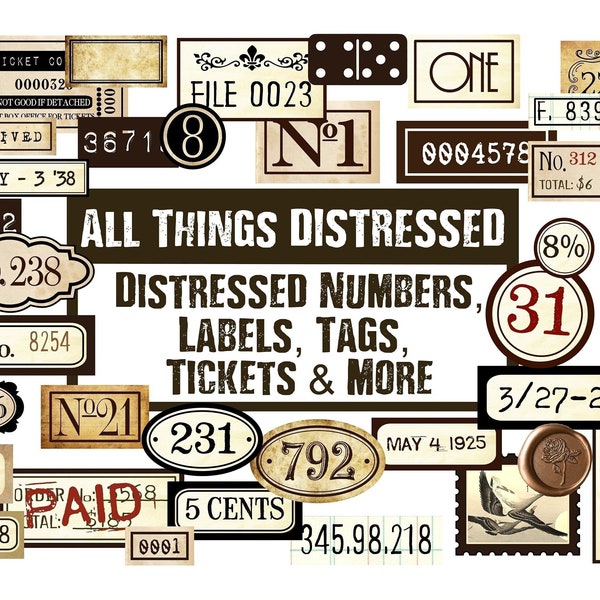 Distressed Numbers, Labels, Tickets, Tags, Flashcards, Ephemera, Junk Journal Verzierungen, Zahlen Digital, Stempel, Verzierungsdownload