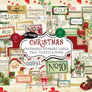Weihnachten Distressed Numbers, Etiketten, Tickets, Tags, Ephemera, Junk Journal Embellishments, Numbers Digital, Embellishment download
