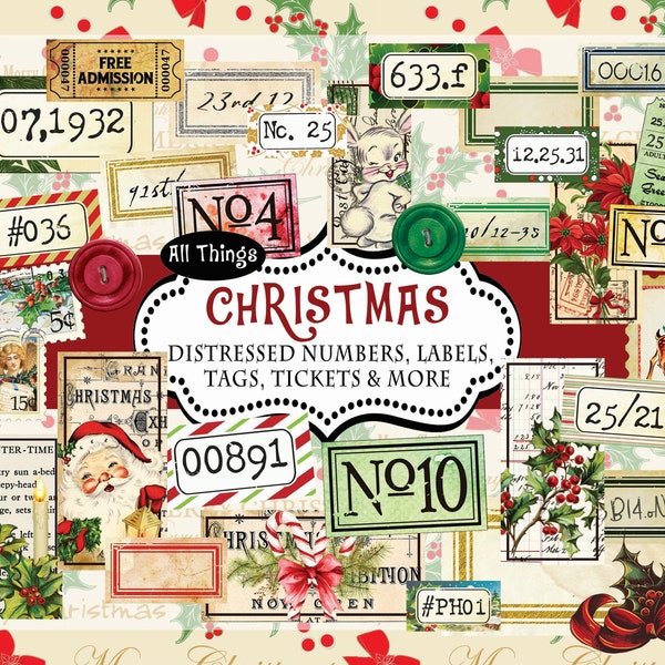 Christmas Distressed Numbers, Labels, Tickets, Tags, Ephemera, Junk Journal Embellishments, Numbers Digital, Embellishment download