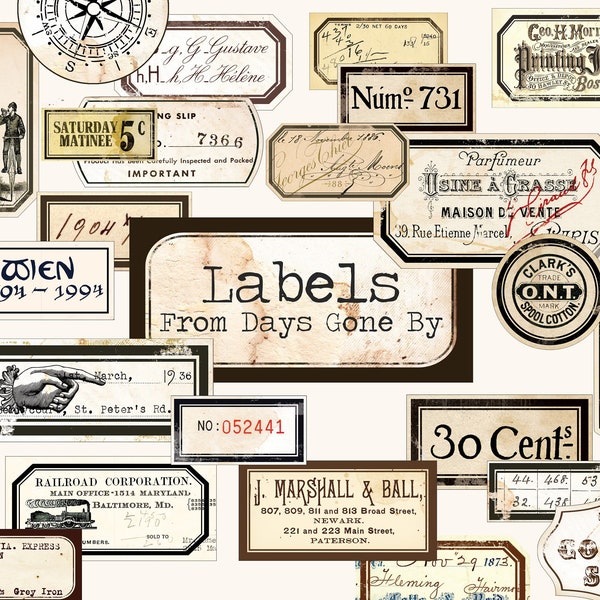 Vintage Labels Digital, Distressed Numbers, Labels, Ephemera, Junk Journal Embellishments, Numbers Digital, Embellishment download, Label