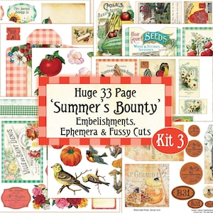 May include: A digital scrapbooking kit with 33 pages of vintage-style images, including a red and white gingham pattern, a red tomato, a yellow bird, a pumpkin, a beehive, and a birdcage. The kit is titled 'Summer's Bounty' and is labeled 'Kit 3'.