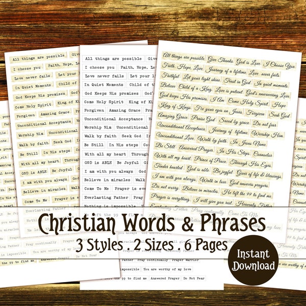 Christian Words and Phrases,  Christian Digital Download, Christian printable, Junk Journal Embellishments, Inspirational Words