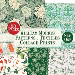 30 Page William Morris Digital Set One Green, Vintage Patterns Digital, Vintage Textiles Digital, Collage Print Digital, Collage Printable