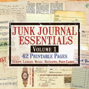 Junk Journal Essentials Volume 1,  Post Cards, Ephemera, Script, Index Cards, Ledger, Music, Digital Ephemera, Printable Ephemera Journal