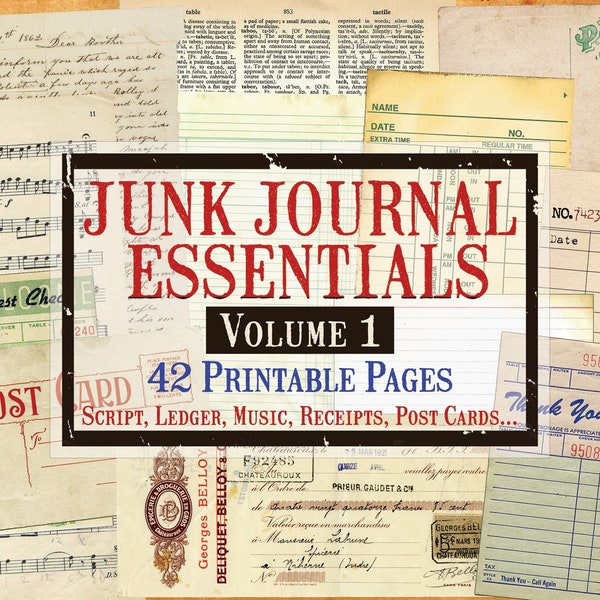 Junk Journal Essentials Volume 1, cartes postales, documents éphémères, script, fiches techniques, grand livre, musique, documents éphémères numériques, journal imprimable éphémère