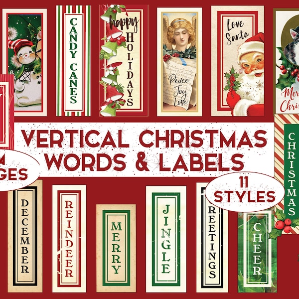 Verticale kerstwoorden en -labels, kerstwoorden digitaal, kerstwoorden afdrukbaar, kerstetiketten, kerstephemera digitaal