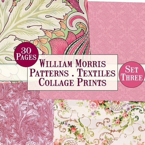 30 Page William Morris Digital Set 3 Pink, Vintage Patterns Digital, Vintage Textiles Digital, Collage Print Digital, Vintage Collage Pink