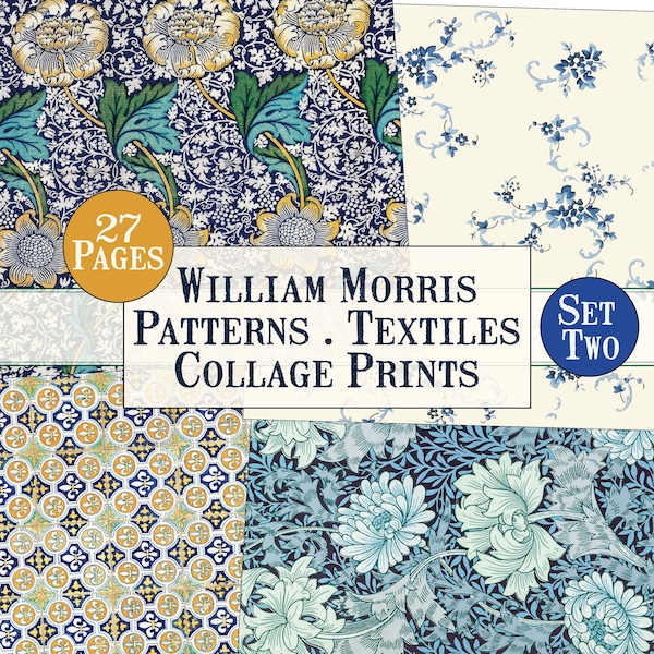 30 Page William Morris Digital Set Two Blue, Vintage Patterns Digital, Vintage Textiles Digital, Collage Print Digital, Vintage Collage