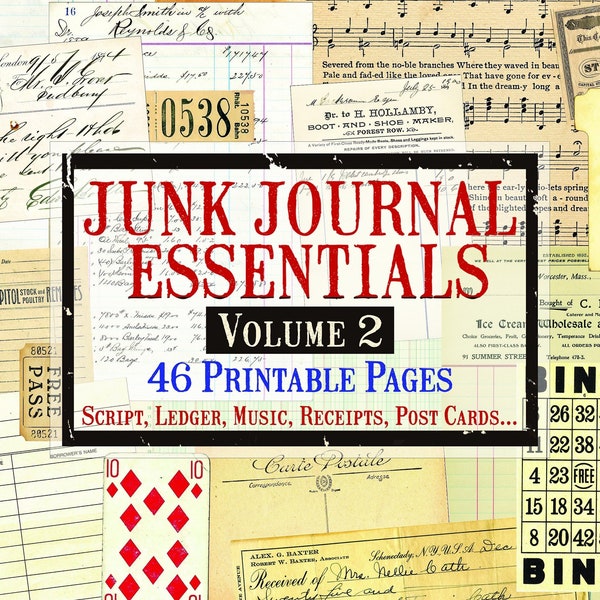 Junk Journal Essentials Volume 2,  Post Cards, Ephemera, Script, Index Cards, Ledger, Music, Digital Ephemera, Printable Ephemera Journal