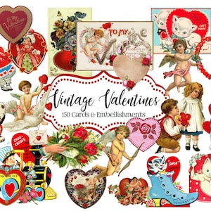 150 Pc. vintage Valentines Cards and Embellishments, Valentines