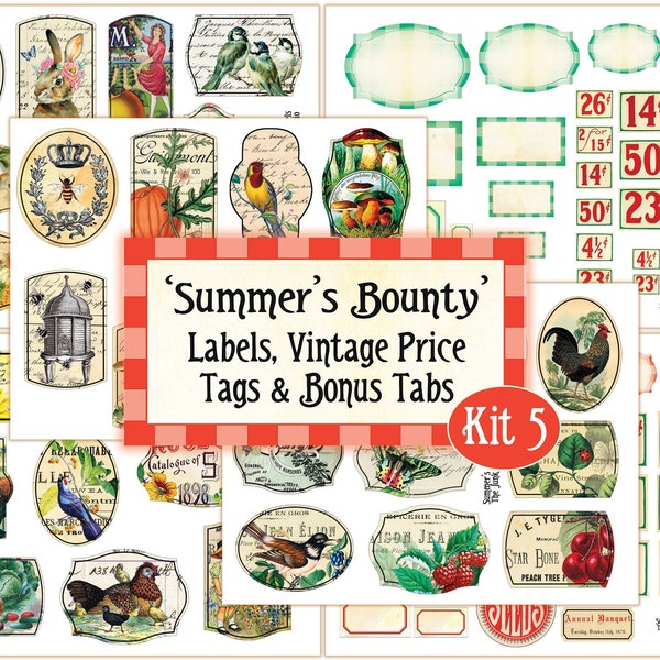 Huge Garden Junk Journal Kit, Kit 5, Summer's Bounty Labels, Vintage Price tags and Tabs, Garden Label Digital, Flower Label Digital