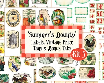 Huge Garden Junk Journal Kit, Kit 5, Summer's Bounty Labels, Vintage Price tags and Tabs, Garden Label Digital, Flower Label Digital