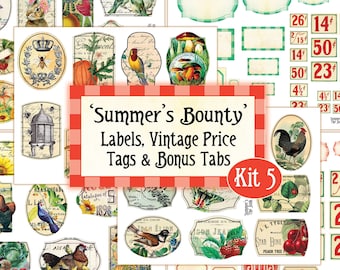 Enorme Garden Junk Journal Kit, Kit 5, Summer's Bounty Labels, Vintage Prijskaartjes en Tabbladen, Garden Label Digital, Flower Label Digital