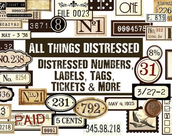 Distressed Numbers, Labels, Tickets, Tags, Flashcards, Ephemera, Junk Journal Verzierungen, Zahlen Digital, Stempel, Verzierungsdownload