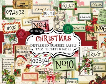 Christmas Distressed Numbers, Labels, Tickets, Tags, Ephemera, Junk Journal Embellishments, Numbers Digital, Embellishment download