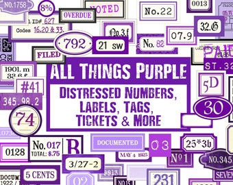 PURPLE Distressed Numbers, Labels, Tickets, Tags, Flashcards, Ephemera, Junk Journal Embellishments, Numbers Digital, Embellishment download