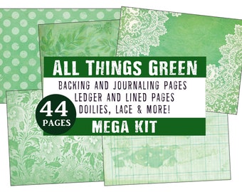 May include: A green digital paper pack with 44 pages of various designs, including polka dots, lace, and floral patterns. The text "ALL THINGS GREEN" is displayed in a green banner. The text "BACKING AND JOURNALING PAGES, LEDGER AND LINED PAGES, DOILIES, LACE & MORE! MEGA KIT" is also displayed.