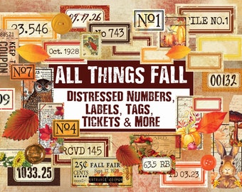 FALL Distressed Numbers, Labels, Tickets, Tags, Flashcards, Ephemera, Junk Journal Embellishments, Numbers Digital, Embellishment download